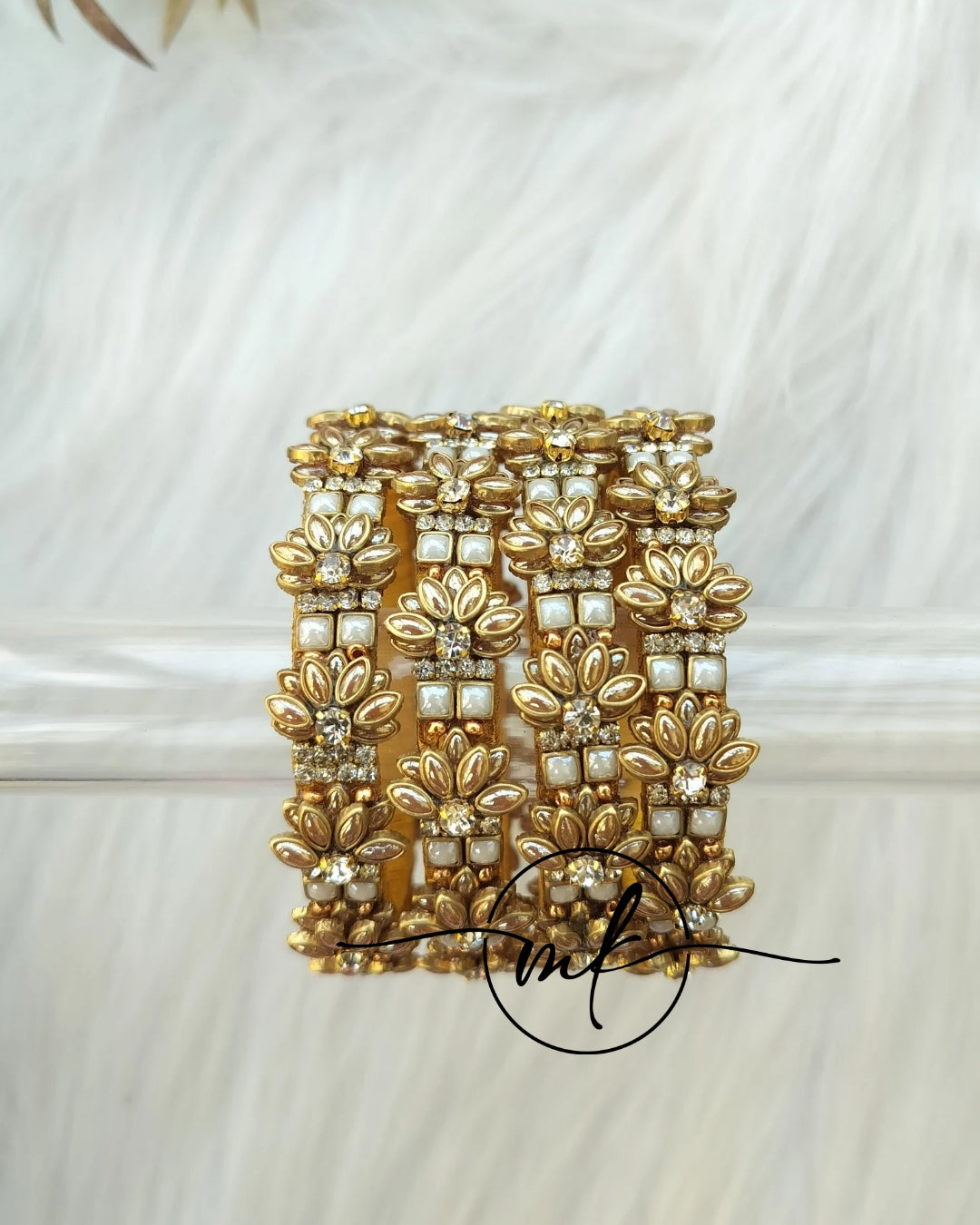 Golden small Lotus kundan Bangle set