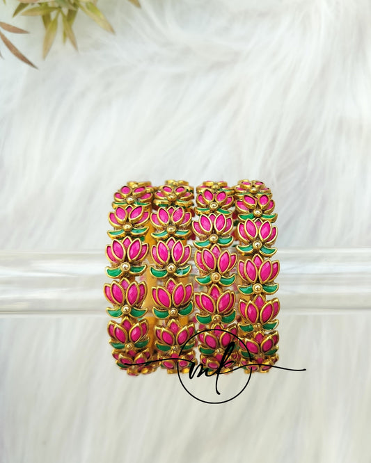 Dark pink Lotus kundan Bangle set