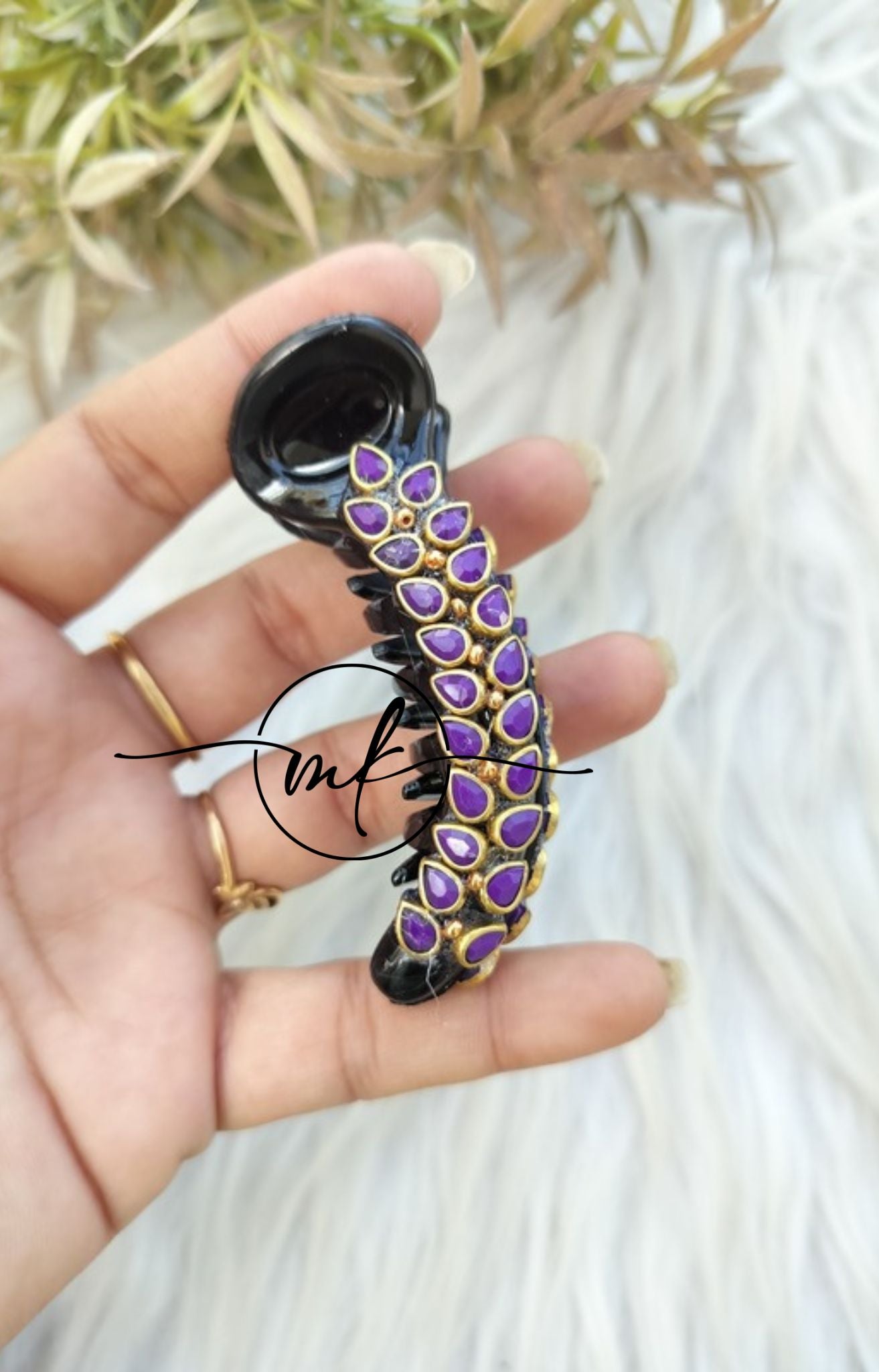 Purple Kundan Banana Clip - V type