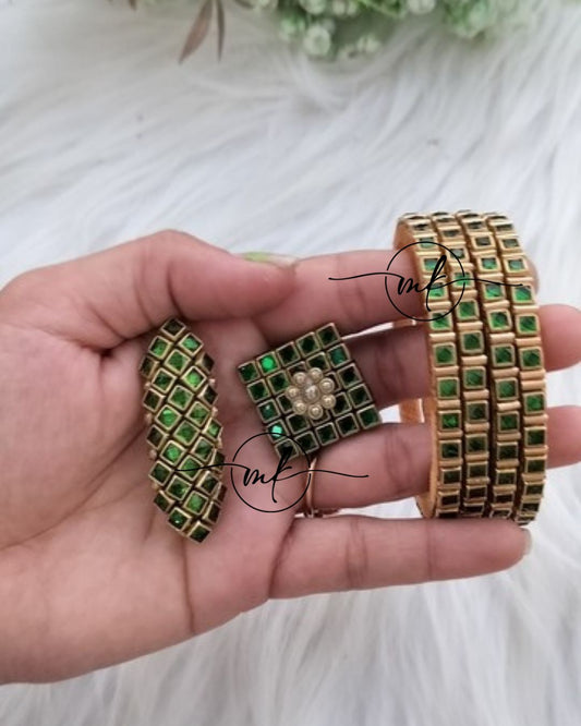Green Kundan bangle Combo - 4 bangles+Saree pin+Hair Ties
