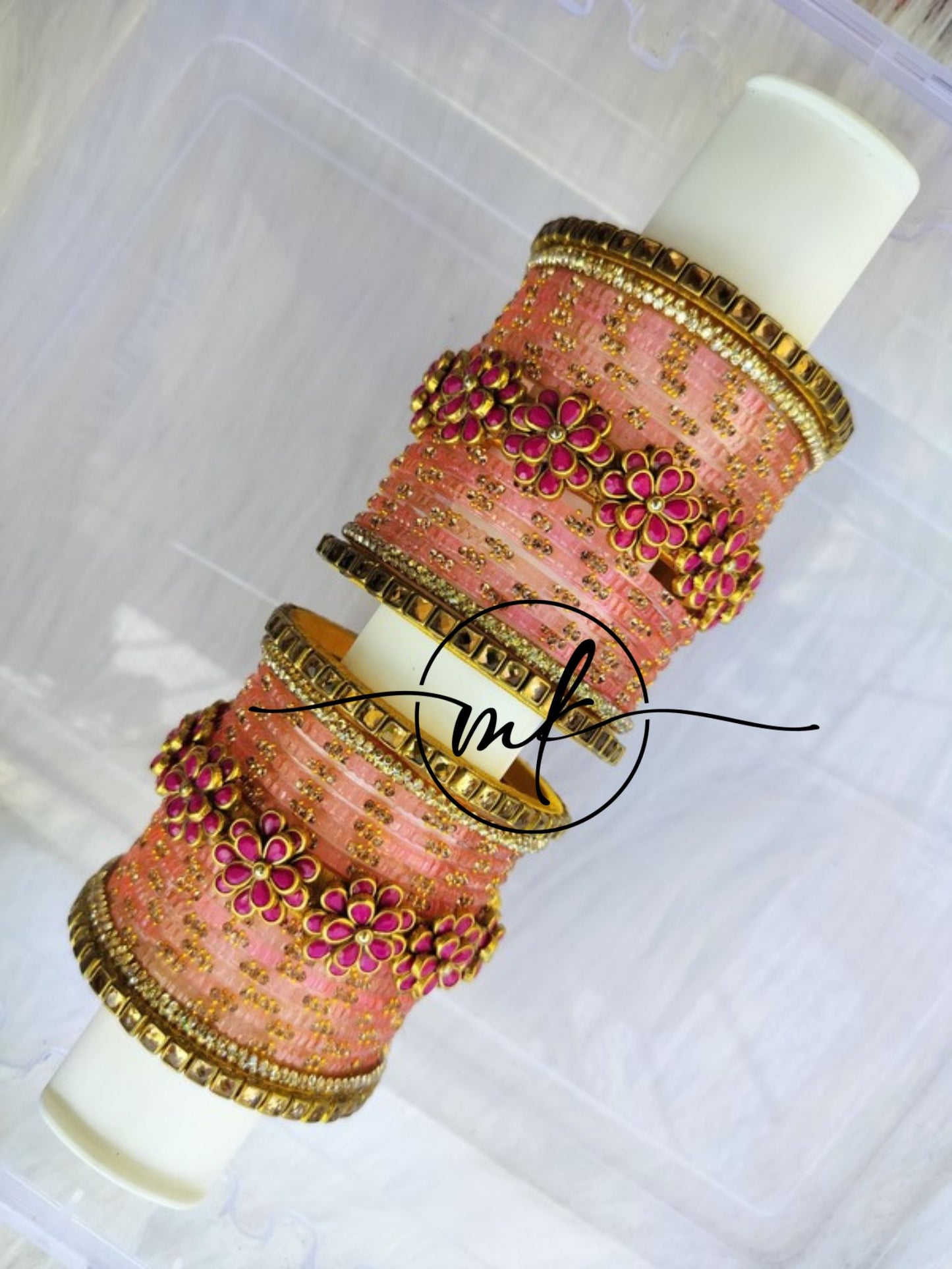 PINI Pink Bridal kundan Bangle set - pink  flower + peach glass Bangle