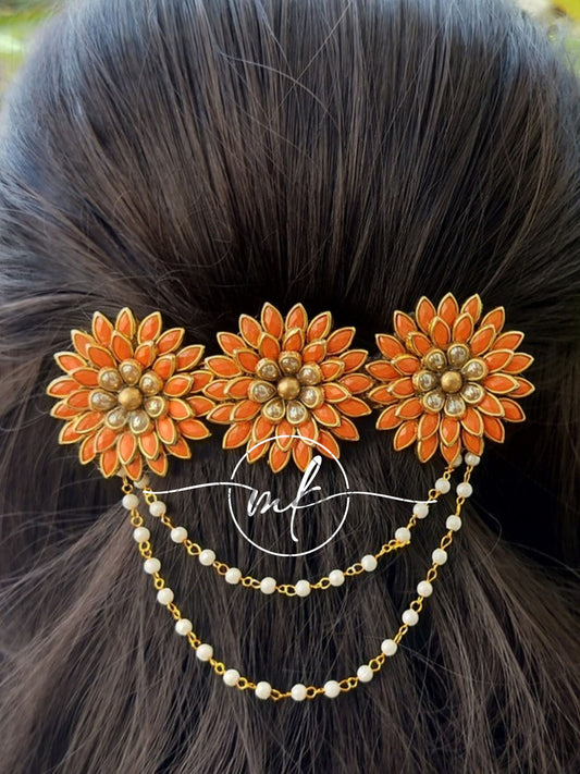 3D Kundan Orange Floral Center clip with Pearl Hanging.