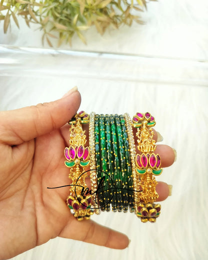 Pink lotus lakshmi semi Bridal Kundan bangle set