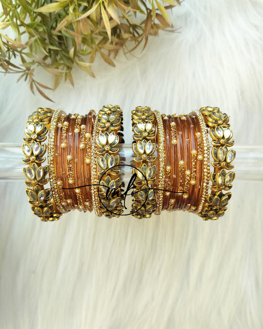 Brown White Lotus Bridal kundan Bangle set