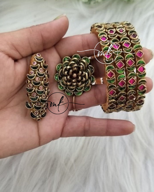 Green pink Kundan bangle Combo - 4 bangles+Saree pin+Hair Ties