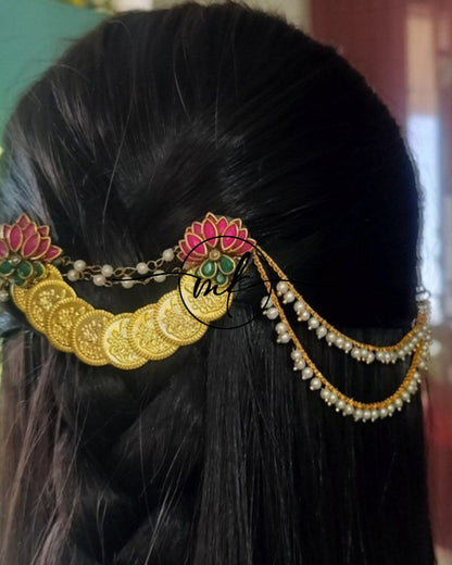 CORA Matt pink Lotus Hair Brooch with Pearl sidechain