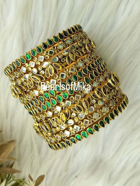 White GREEN GOLD lotus Kundan semi Bridal bangle set - 5+5 bangles