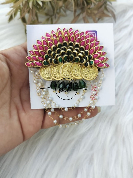 Dark Pink Dark Green Coin Sunflower Hair Brooch