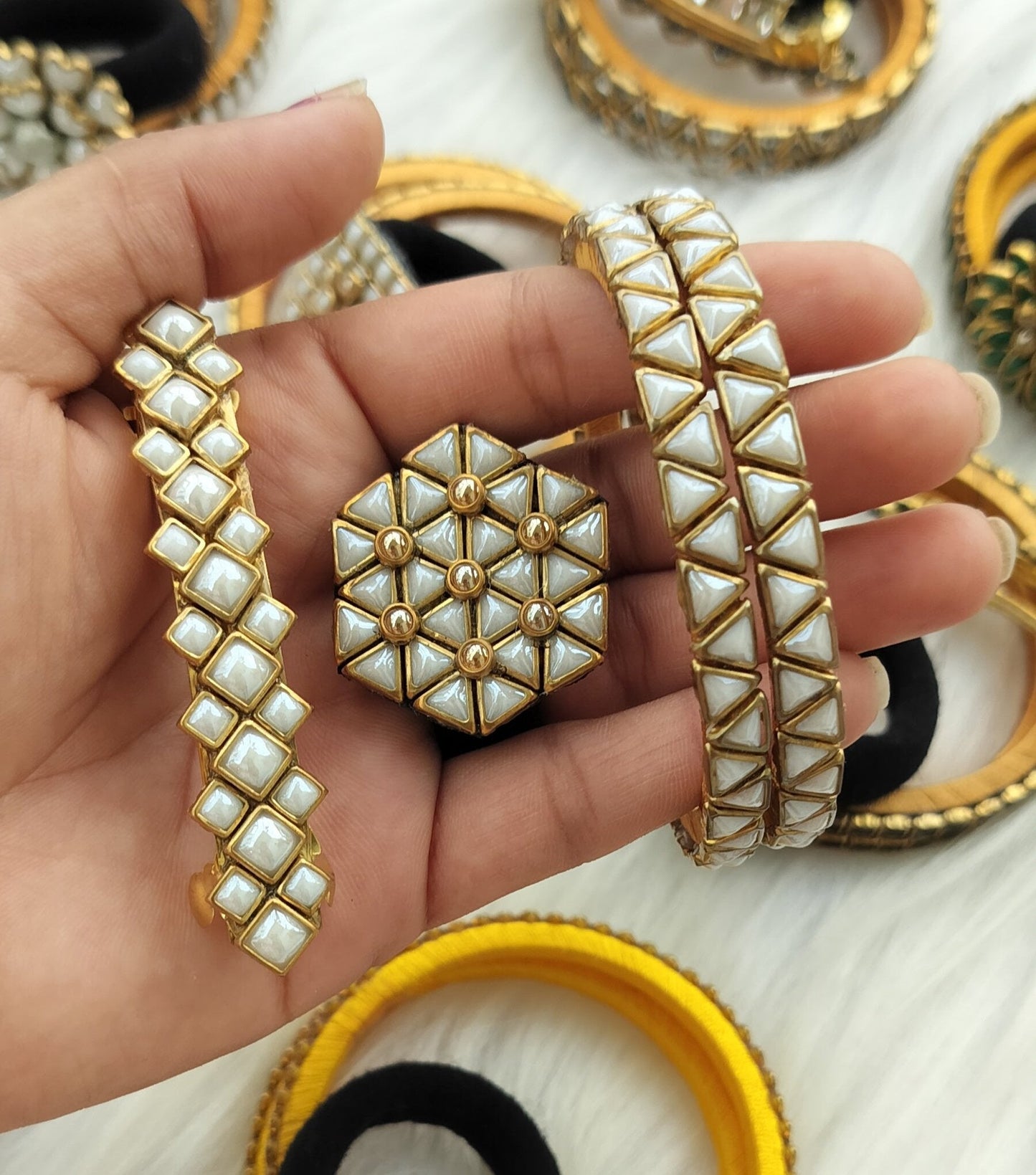 White Kundan bangle Combo set+ centre clip+ Hair ties