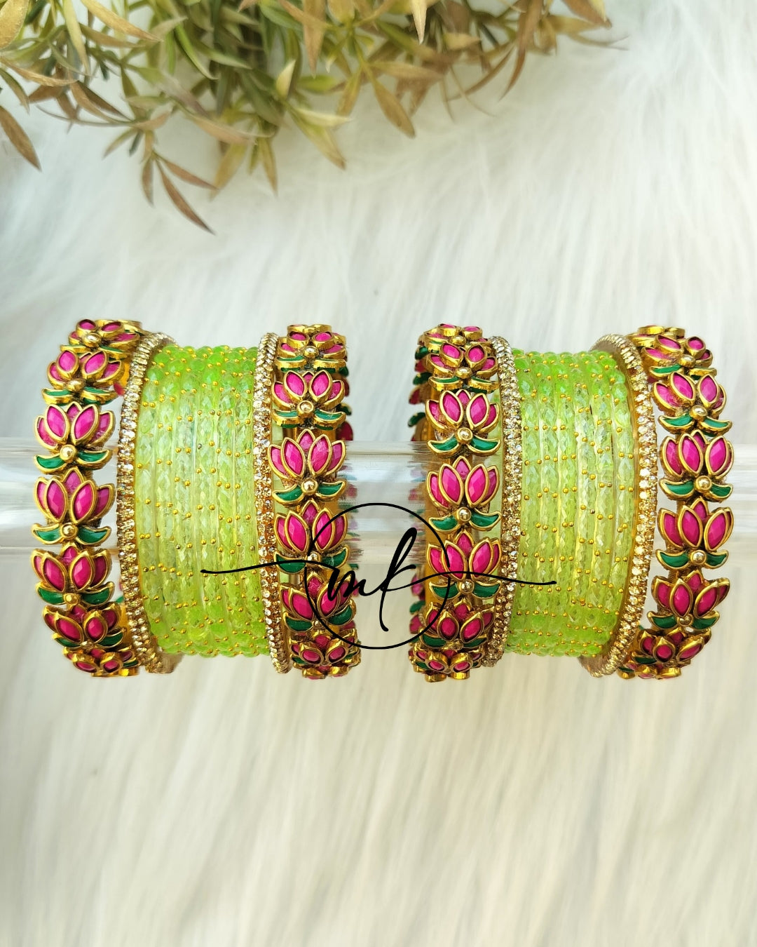 Light green dark pink Lotus Bridal kundan Bangle set