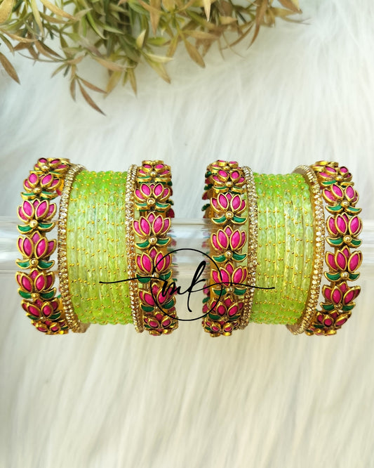 Light green dark pink Lotus Bridal kundan Bangle set