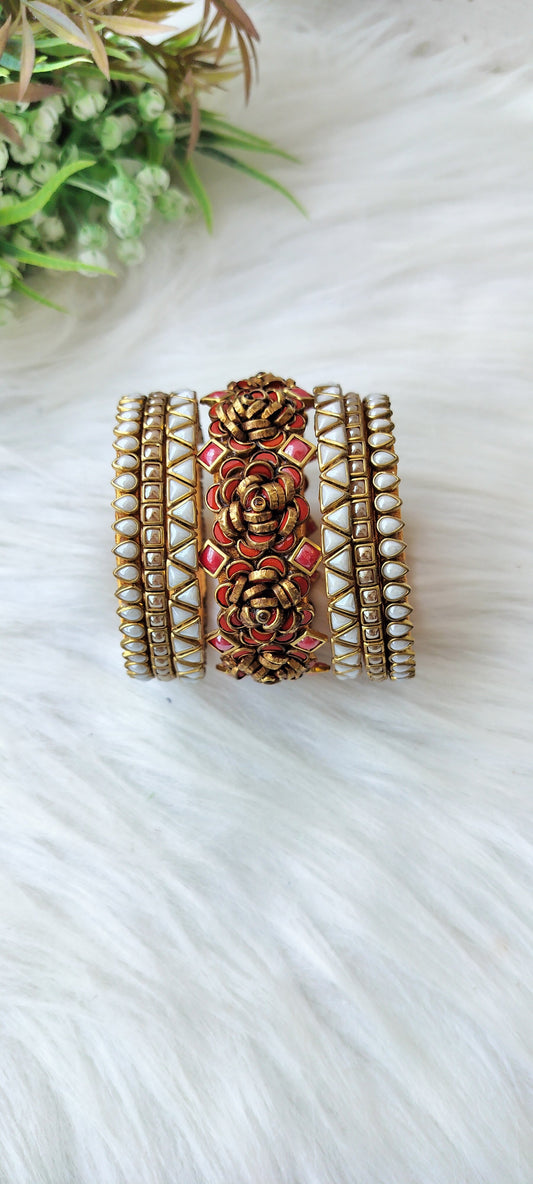 Red Rose Kundan semi Bridal bangle set - 7 bangles