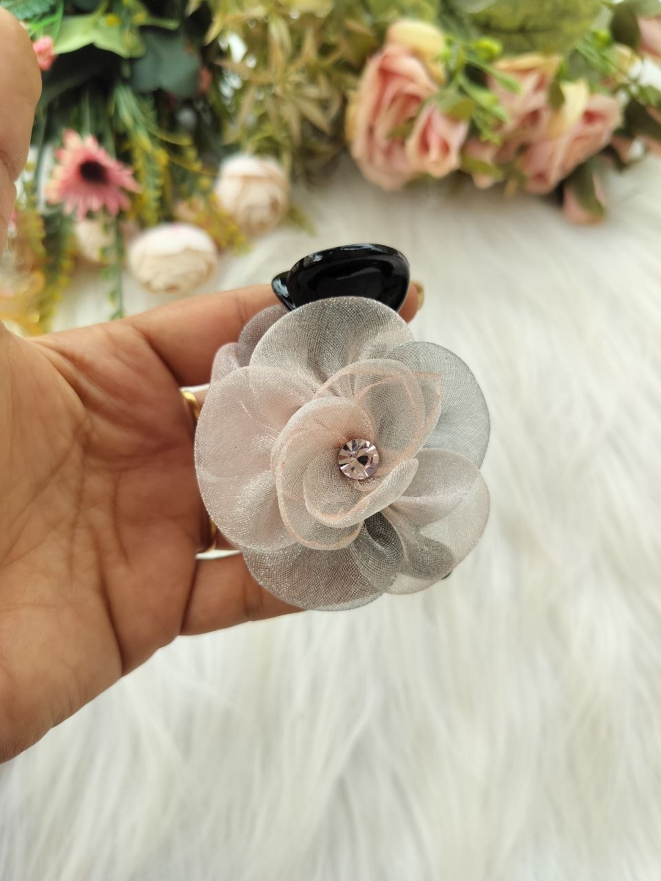 Peach Grey Rose Premium Banana clip - V type