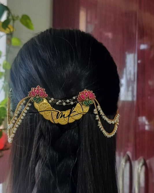 CORA Matt pink Lotus Hair Brooch with Pearl sidechain
