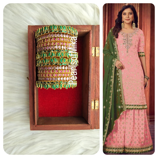 Pink GREEN lotus Kundan semi Bridal bangle set - 6+6 bangles