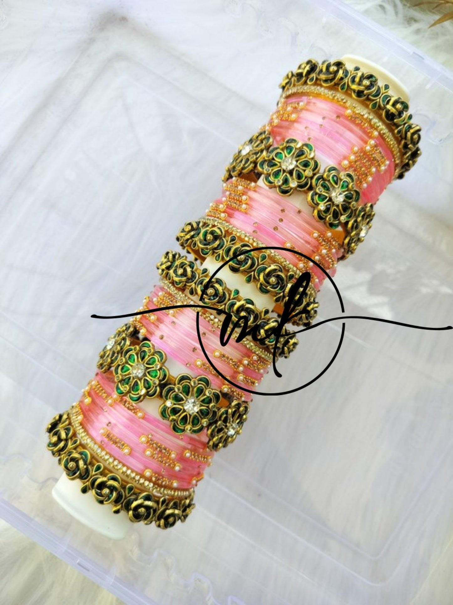 ROMI Light Pink Green Bridal kundan Bangle set