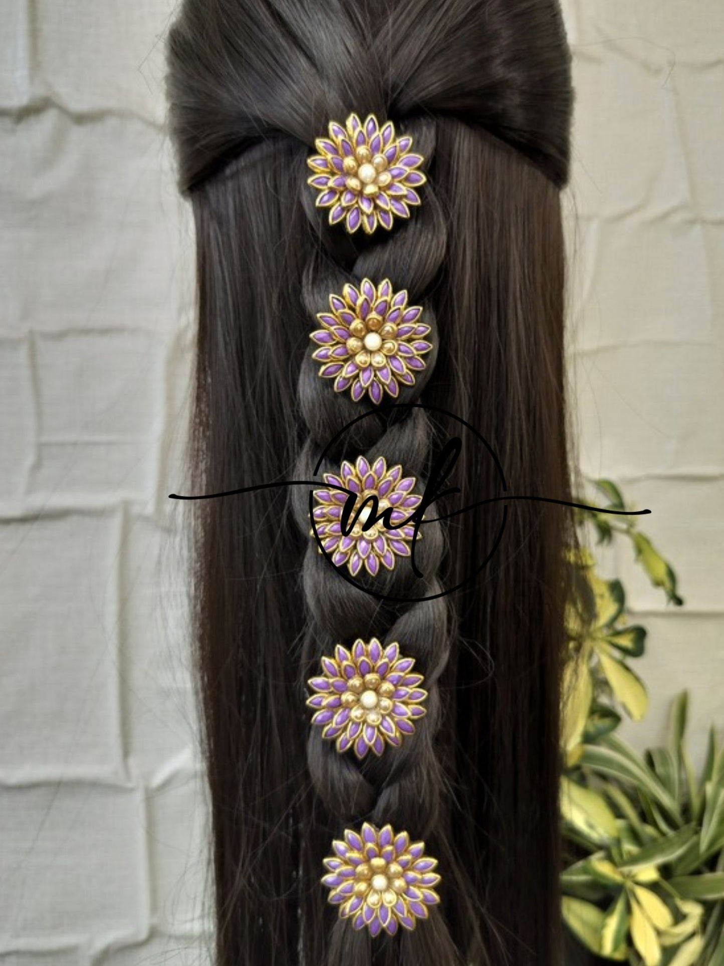 Purple Kundan Flower Braid Hair Brooch -set of 5 pieces