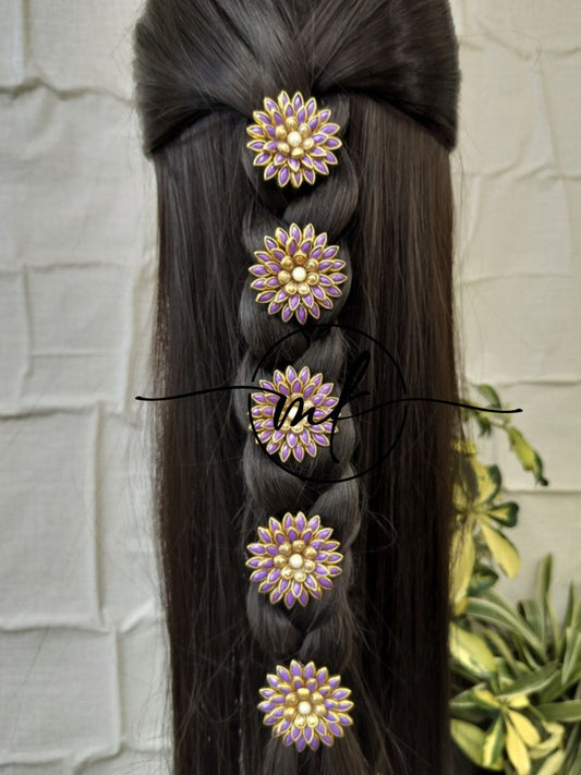 Purple Kundan Flower Braid Hair Brooch -set of 5 pieces