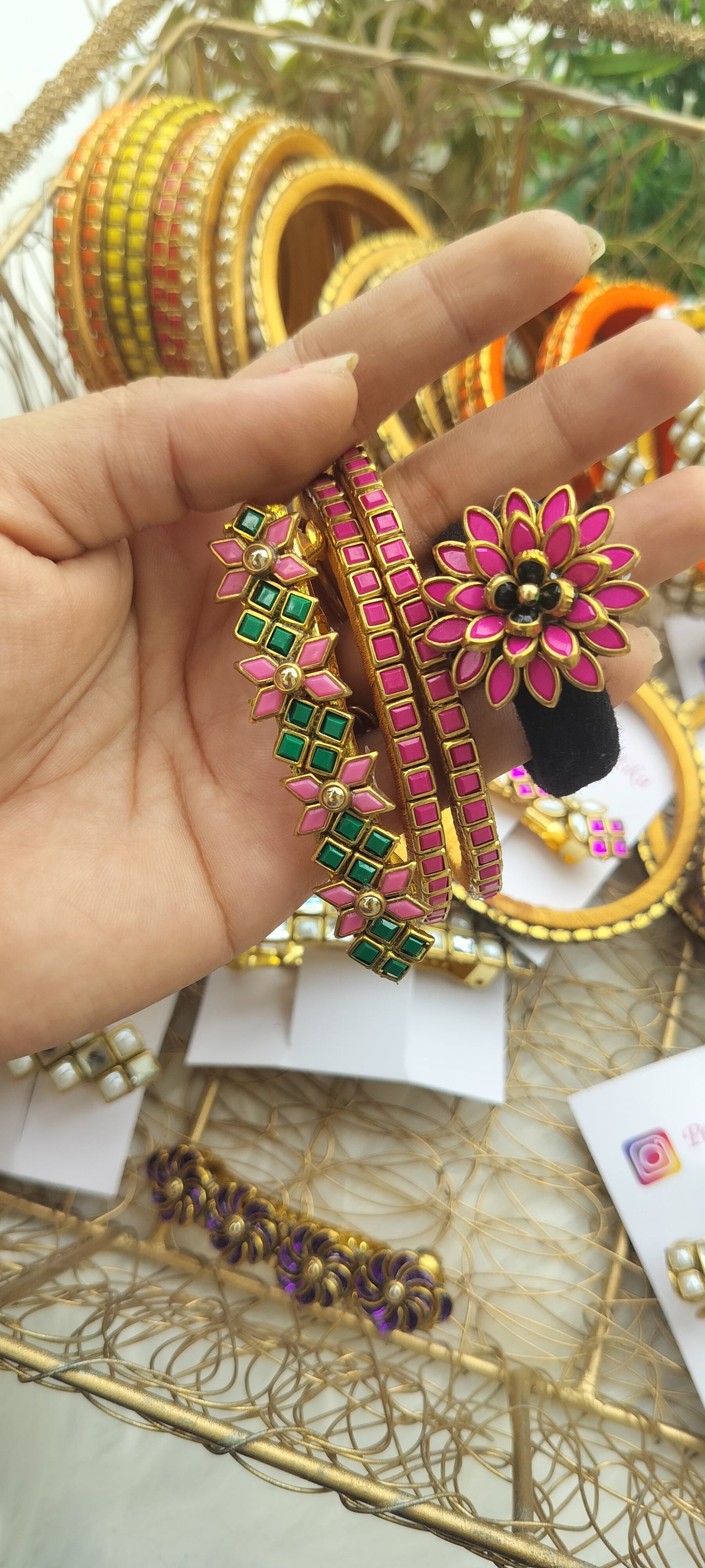 Pink Kundan bangle Combo set+ centre clip+ Hair ties