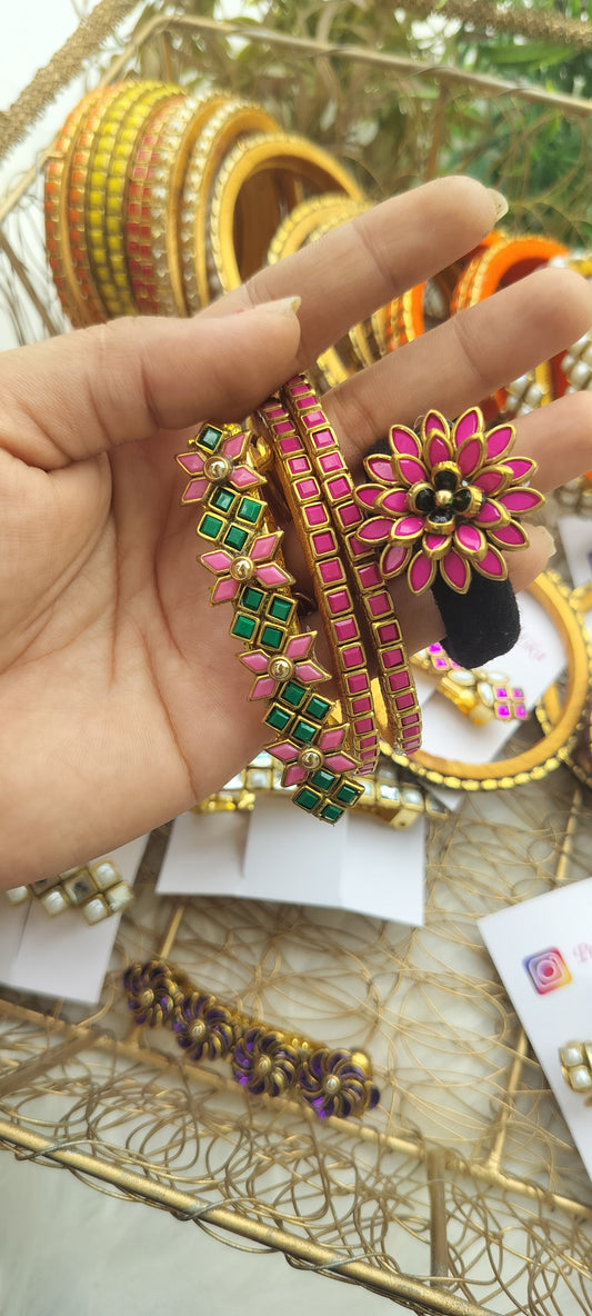 Pink Kundan bangle Combo set+ centre clip+ Hair ties