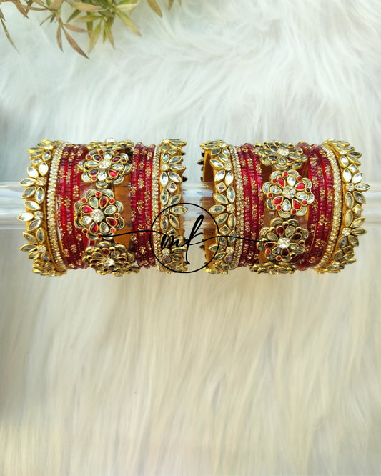 Reni Red Silver colour Bridal kundan Bangle set