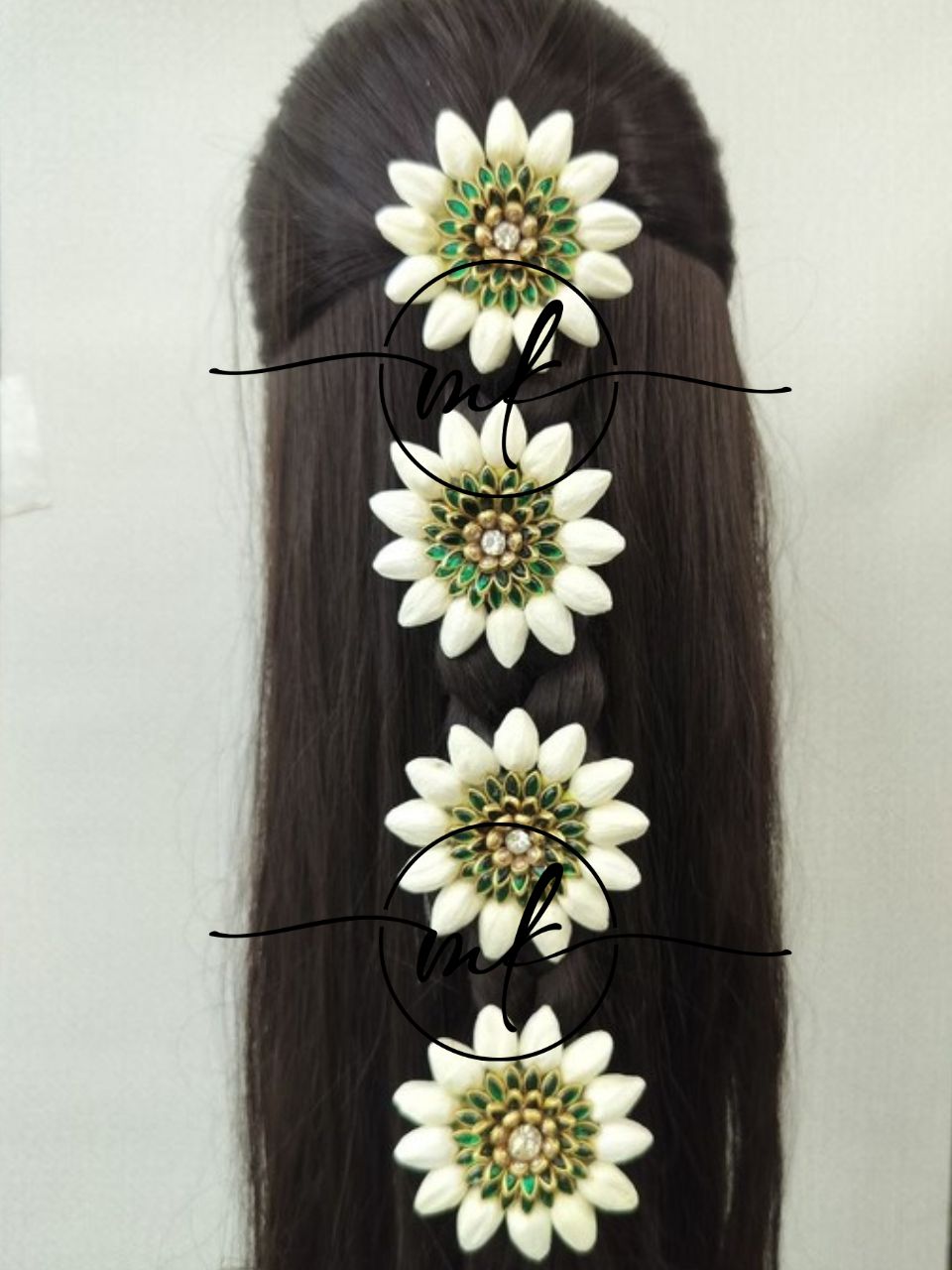 Mootu Malli + Green Kundan flower ARFL Hair Brooch/ Hair ties - set of 4 piece