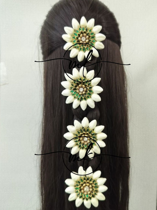 Mootu Malli + Green Kundan flower ARFL Hair Brooch/ Hair ties - set of 4 piece