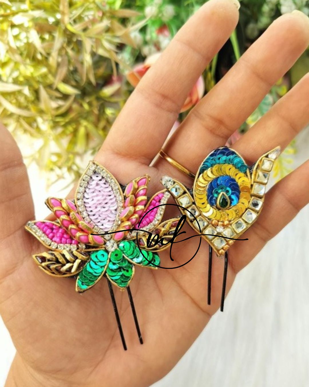 Small BLOOM pink Lotus + Peacock feather Hair Brooch Combo