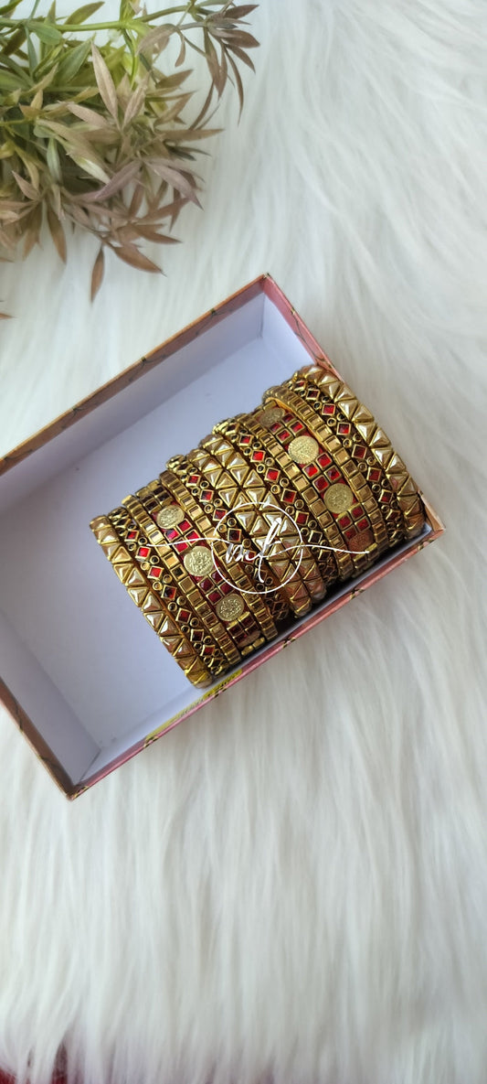 Red Gold coin Kundan semi Bridal bangle set - 7+7 bangles