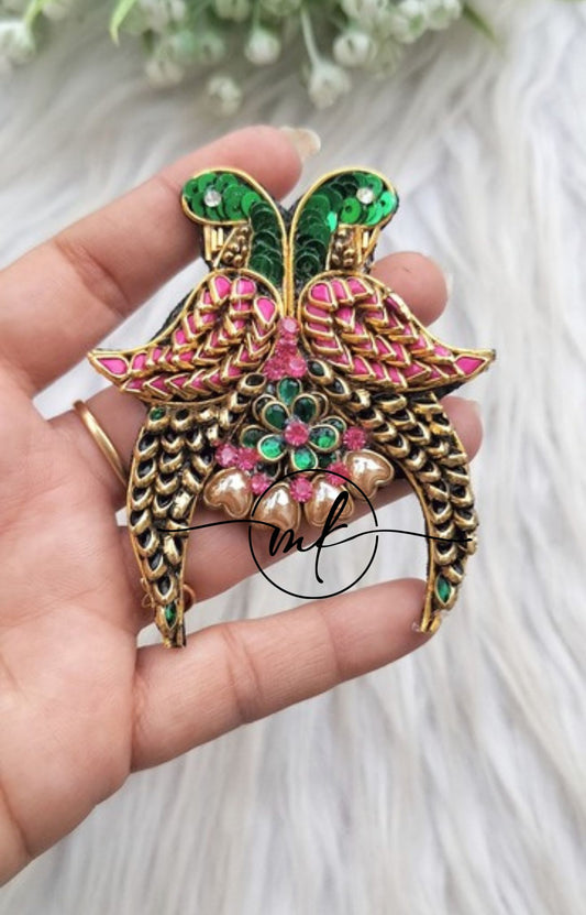 Pink Green Parrot Hair Brooch - set of 1