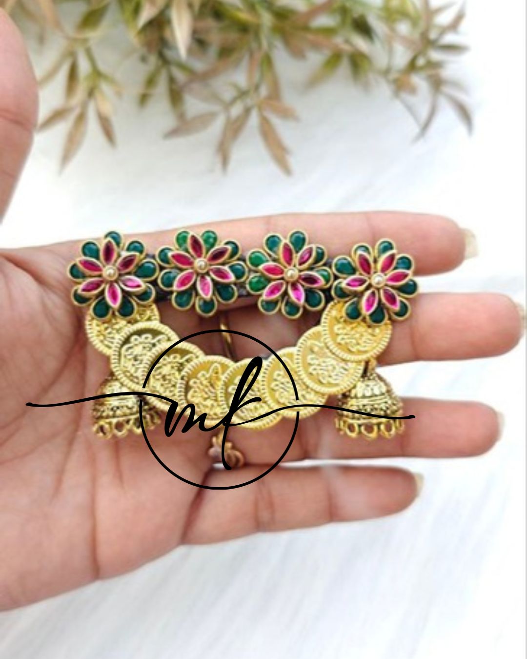 Jimiki Cora Hair Brooch - Green pink Flower