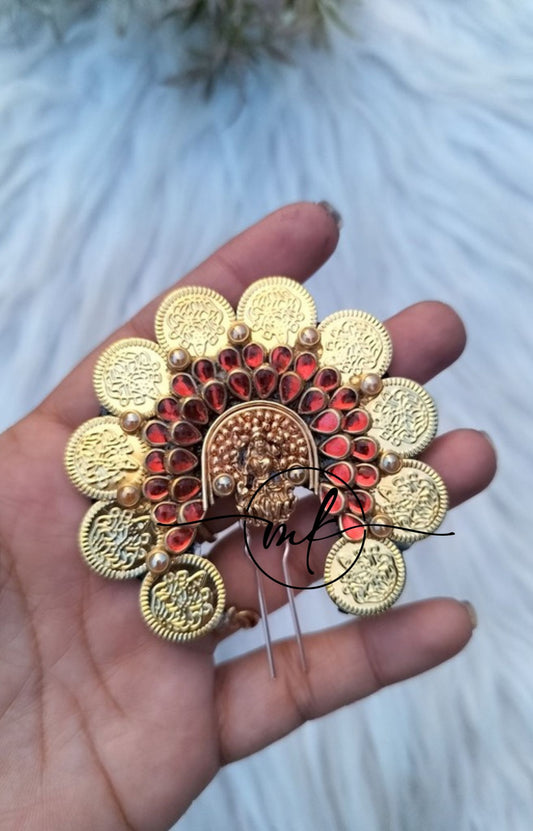 Red Lakshmi Coin Hair Brooch