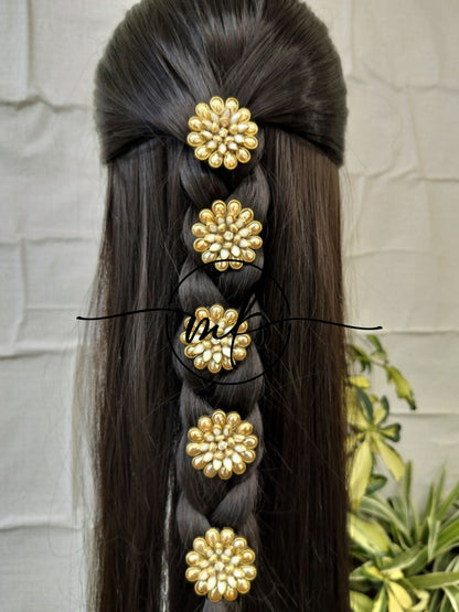 White Kundan Flower Braid Hair Brooch -set of 5 pieces