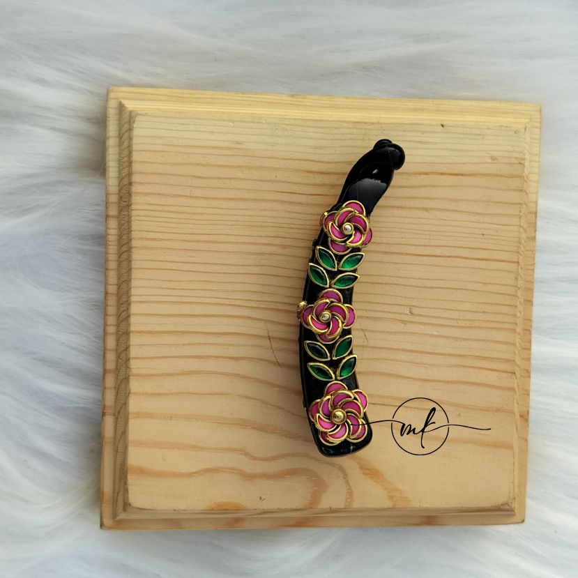Pink Rose Kundan Banana clip - lock type