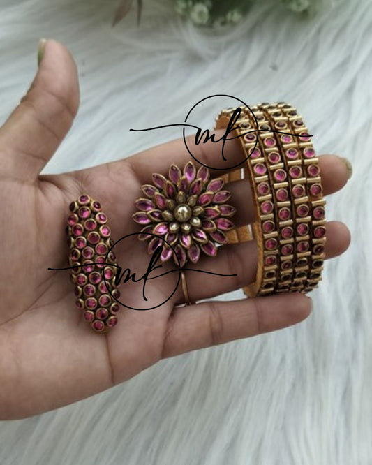 Pink Kundan bangle Combo - 4 bangles+Saree pin+Hair Ties