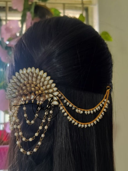 White Gold Sunflower Hair Brooch with Pearl sidechain