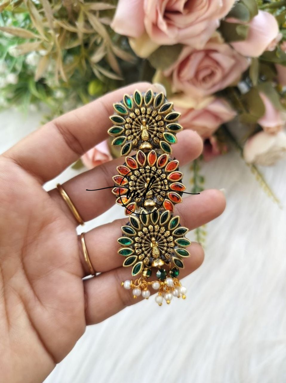 Peacock Hair Brooch - Green + Orange colour