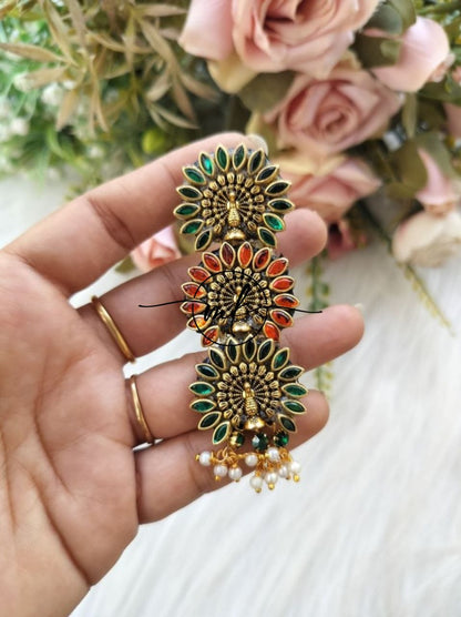Peacock Hair Brooch - Green + Orange colour