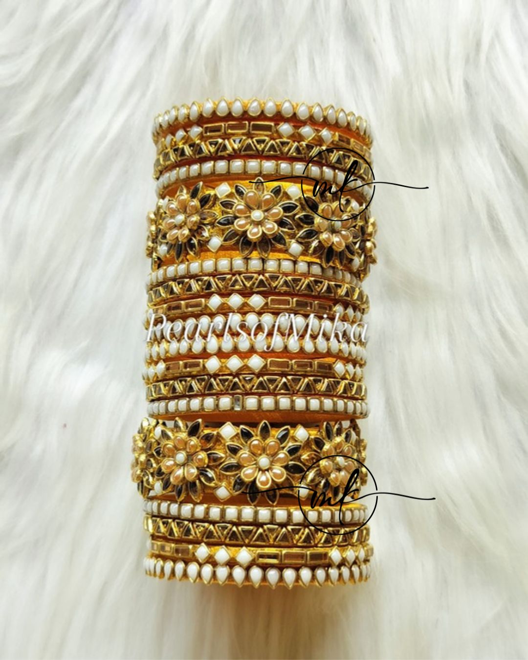 Gold WHITE Kundan bridal bangle set - 9+9 bangles