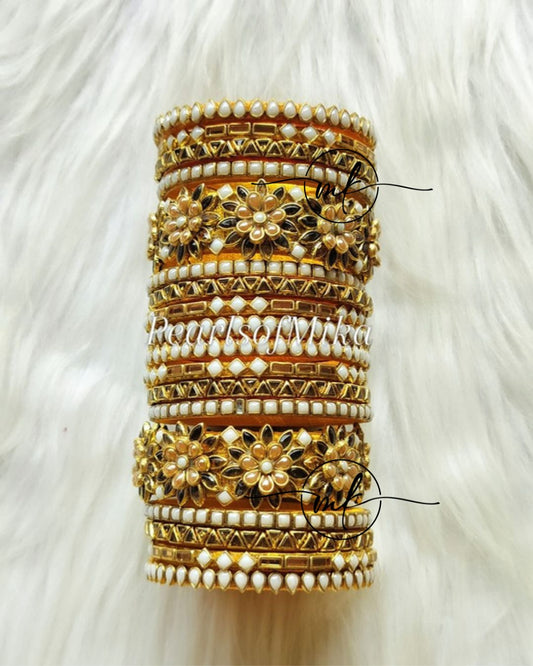 Gold WHITE Kundan bridal bangle set - 9+9 bangles