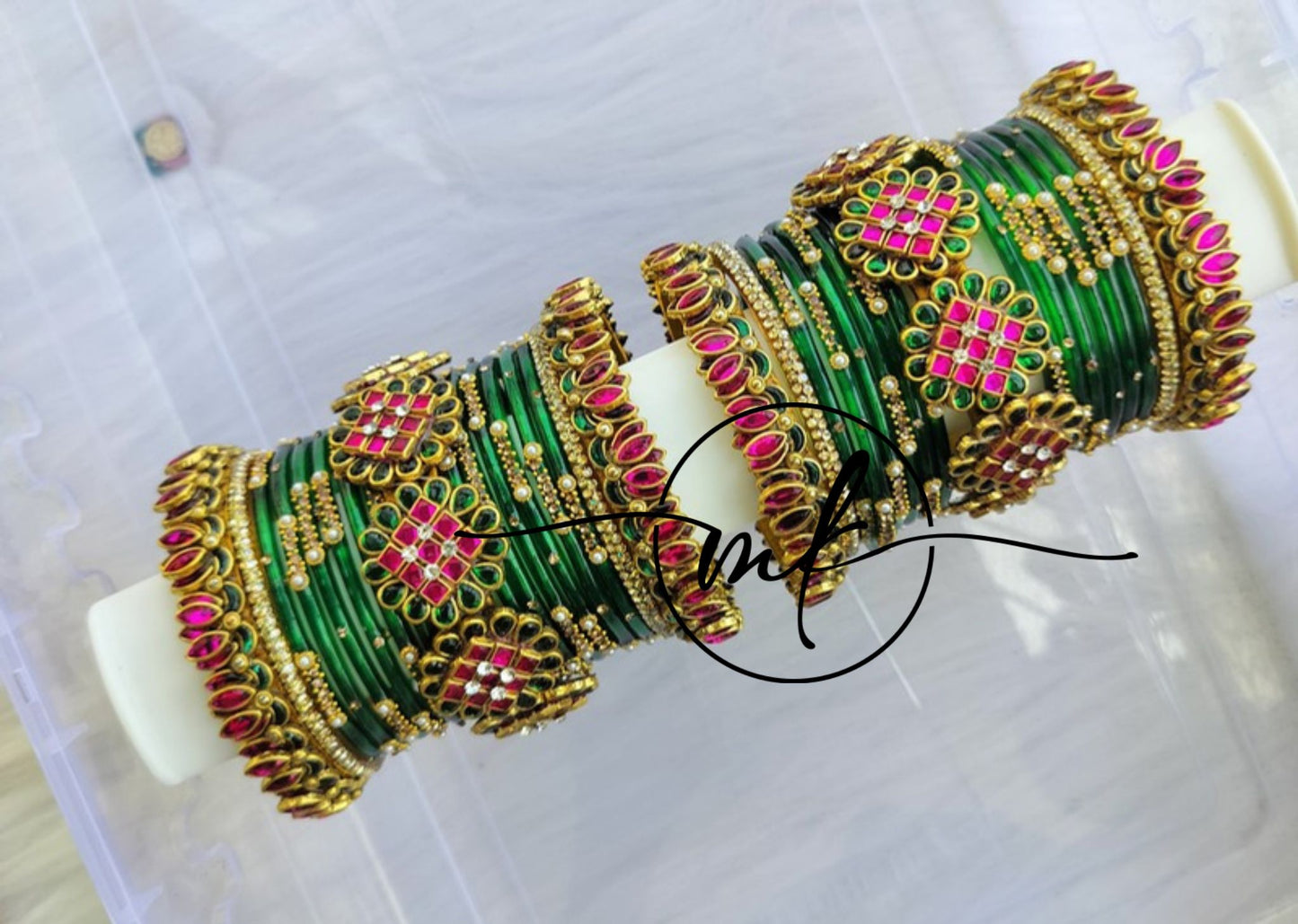 NIRAI Pink Green Bridal kundan Bangle set