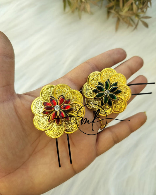 CIRA Flower Kundan Hair Brooch Return gift Combo - Mix of Red+Green