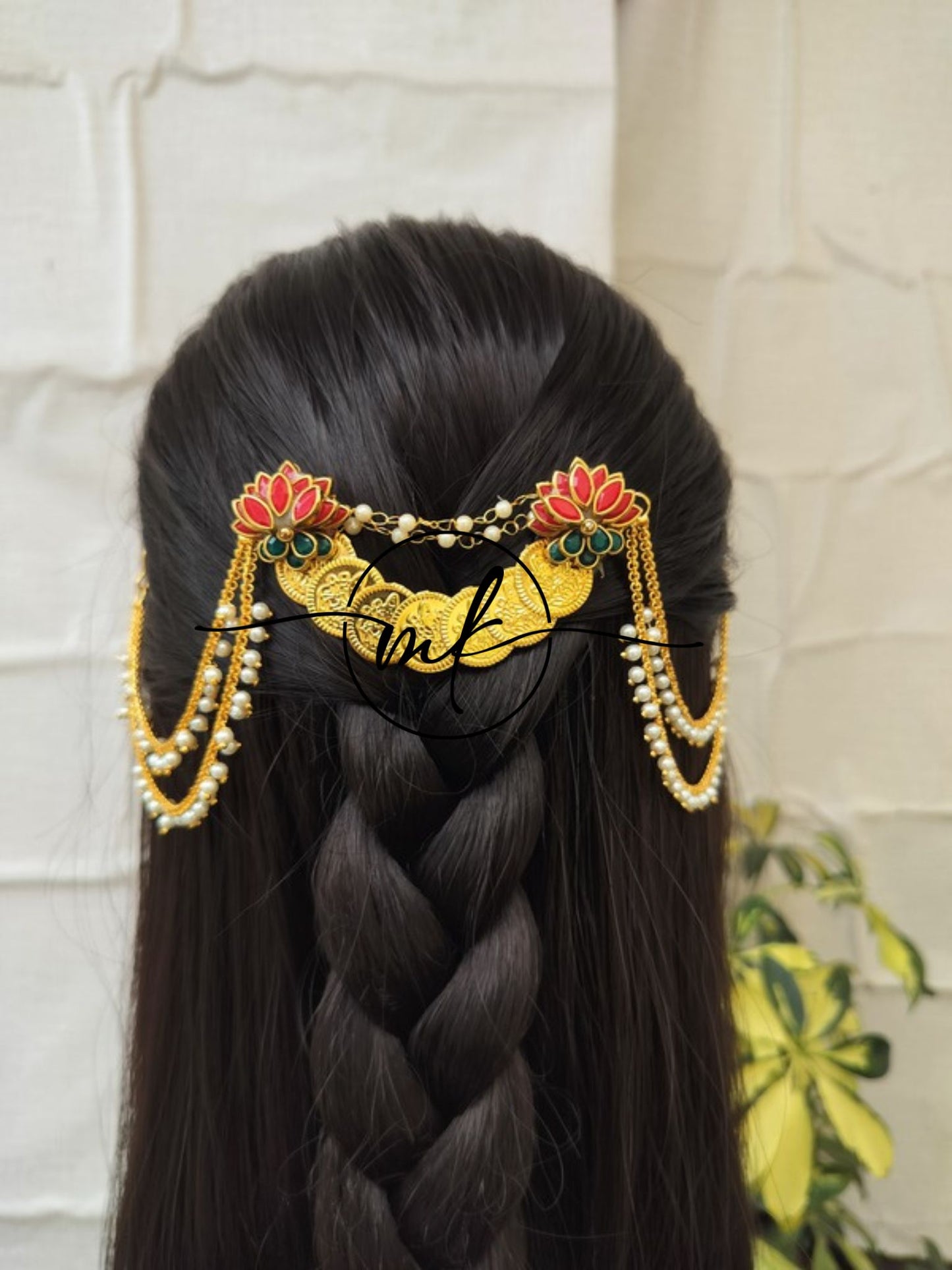 CORA Matt Red Lotus Hair Brooch with Pearl sidechain