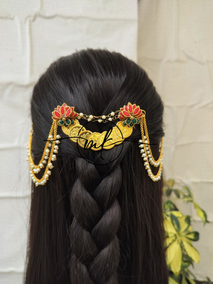 CORA Matt Red Lotus Hair Brooch with Pearl sidechain