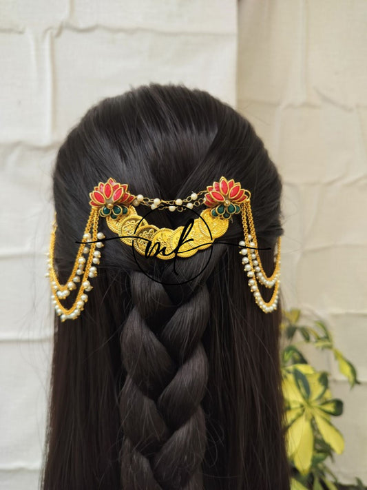 CORA Matt Red Lotus Hair Brooch with Pearl sidechain