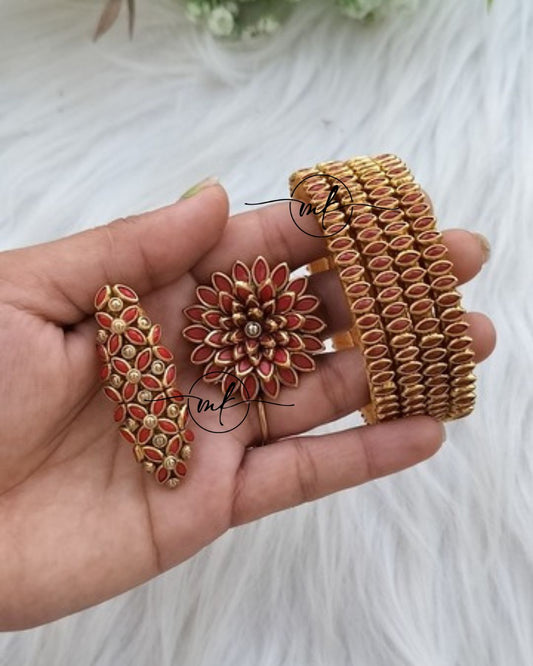 Red Kundan bangle Combo - 4 bangles+Saree pin+Hair Ties