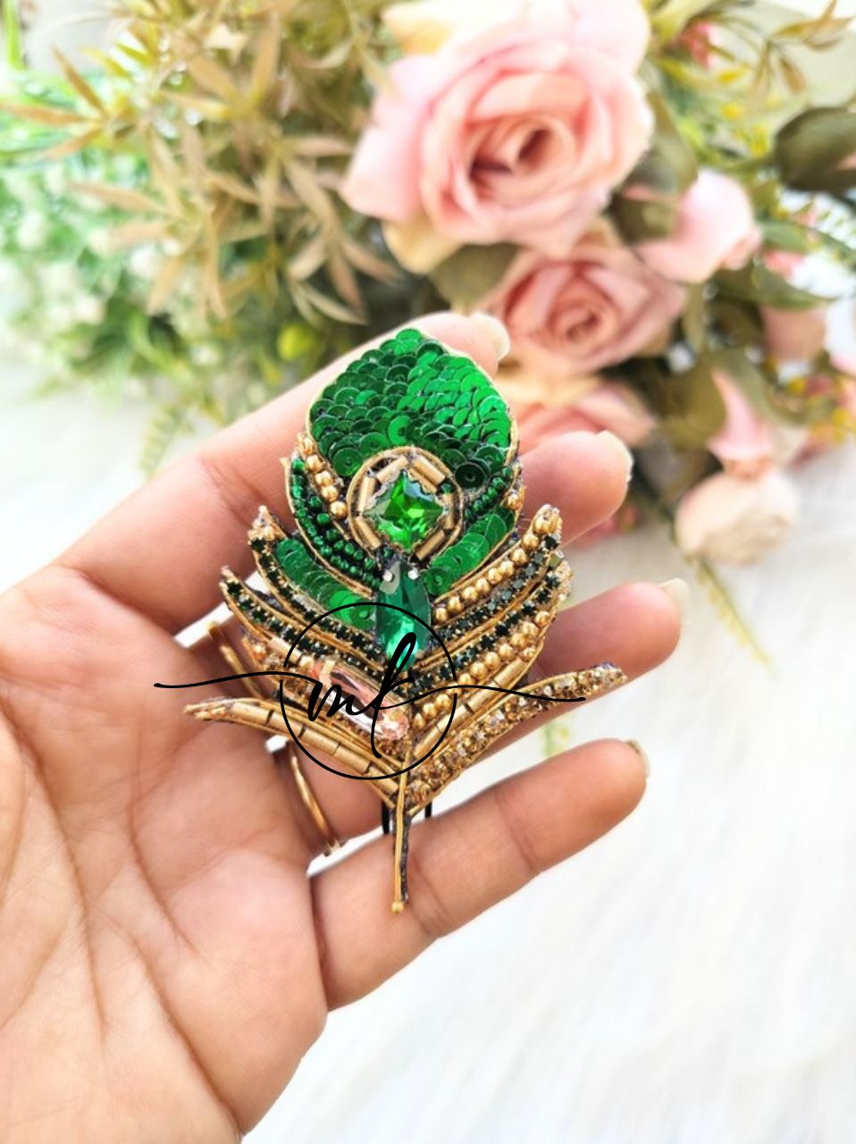 Dark Green Peacock Feather V01 Leaf Pendant / Hair Brooch/ Dress Brooch