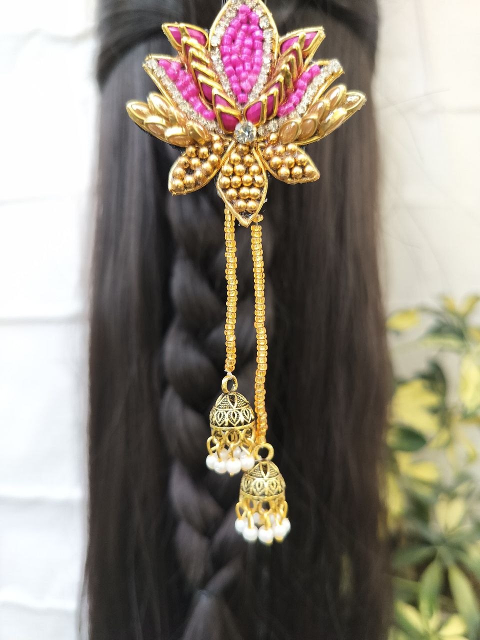 Small pink Lotus with Jumka Hanging Hair Brooch