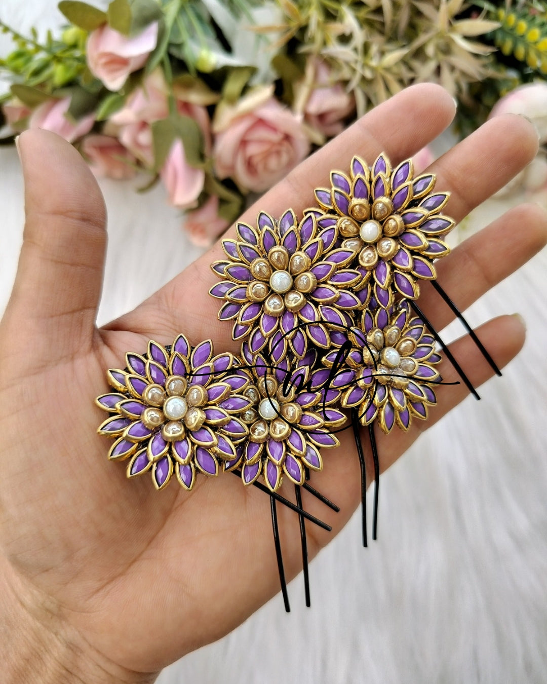 Purple Kundan Flower Braid Hair Brooch -set of 5 pieces