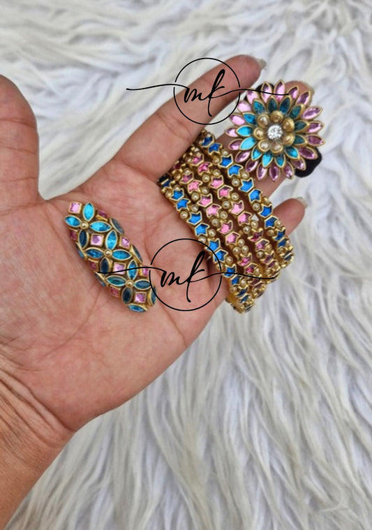 Pink Blue Kundan bangle Combo - 4 bangles+Saree pin+Hair Ties